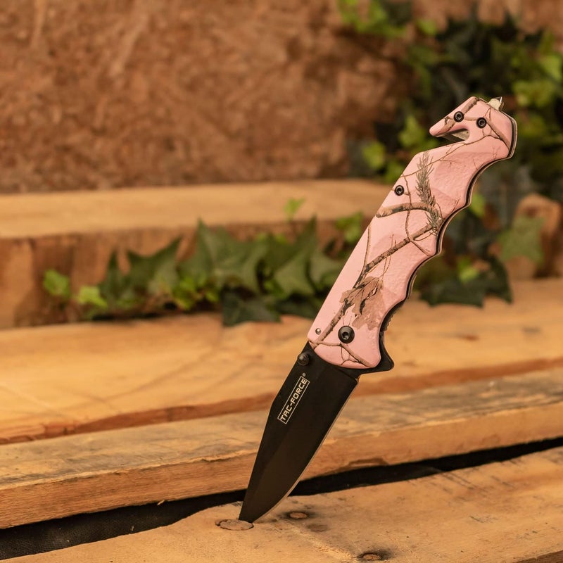 Tac-Force - Folding Pocket Knife – Black Fine Edge Tanto Blade, Pink Camo Coated Aluminum Handle, Rope Cutter, Glass Punch, Pocket Clip, Tactical, EDC, Rescue - TF-499PC - Image 3